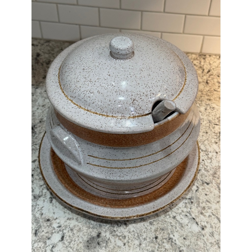 Pottery Craft Soup Tureen Set OS Tan Excellent Vintage 490 Speckled Stoneware
